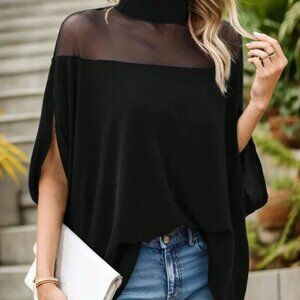Black Casual Women's Stand Collar Sheer Yoke Short Sleeve Cape Blouse